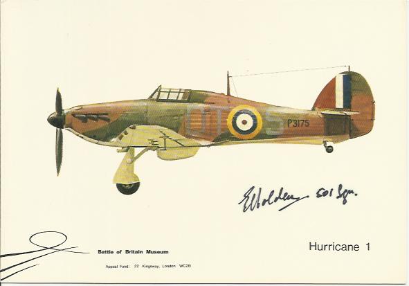 Fl Lt Edward Holden, Battle of Britain Museum art card of a Hurricane autographed by Battle of