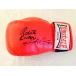 Roberto Duran And Sugar Ray Leonard Dual Signed Red Glove. Good condition