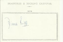 Diana Rigg signed A6, half A4 size white sheet with Braintree & Bocking Carnival 1979 printed to top