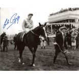Lester Piggott-8x10 inch photo signed by Lester Piggott, pictured on Never Say Die after winning the