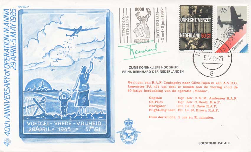 PRINCE BERNHARD of the NETHERLANDS Signed  40th Anniversary of Operation Manna FDC. Good condition