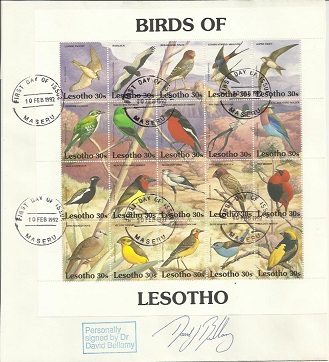 David Bellamy signed 1992 Large Lesotho Birds FDC. Has high value 20 stamp miniature sheet, each