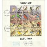 David Bellamy signed 1992 Large Lesotho Birds FDC. Has high value 20 stamp miniature sheet, each