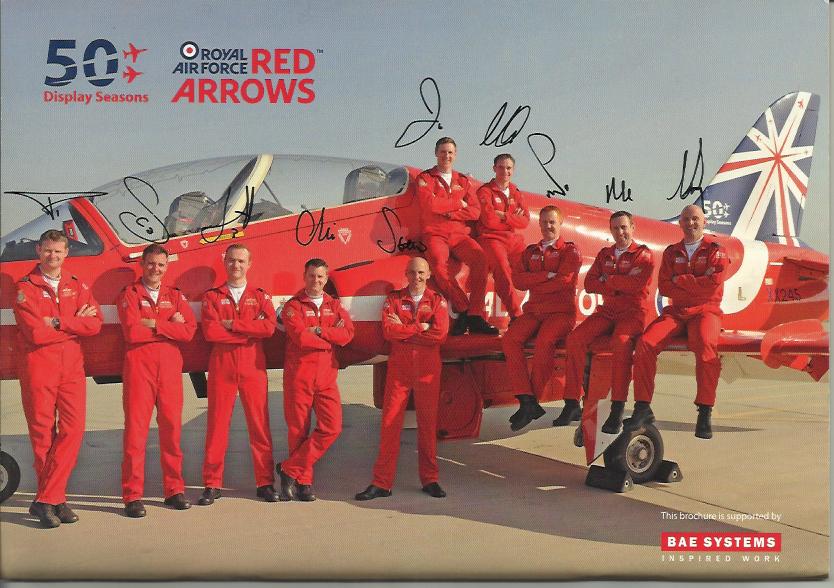 Red Arrows 2014 team signed to back page of glossy 50th ann Display Season Booklet. Good condition