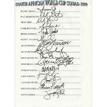 South African World Cup squad 1999 signed sheet. Signed by Cronje, Benkenstein, Boje, Boucher,