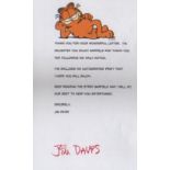 Garfield Jim Davis. Handsigned letter from ‘Garfield artist. Excellent. Est £8-10