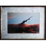 Lancaster Print signed by over 90 WW2 Bomber veterans. 50cm x 40cm framed colour print of a