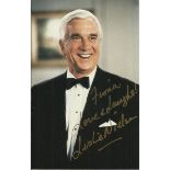 Leslie Nielson signed 6 x 4 colour photo to Fiona Love & Laughter. Autograph Excellent, a few tape