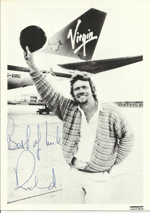 Richard Branson signed 7 x 5 b/w photo younger image with Virgin plane in background. Autographs
