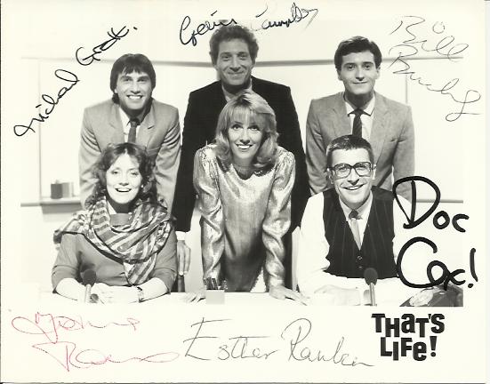 Thats Life nice 6 x 6 b/w photo signed by the cast of the famous TV show. Esther Rantzen, Michael