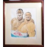 Chris Riddell original Tyson v Bruno Pen and Ink Sketch 50 x 40cm. Amusing colour sketch with both