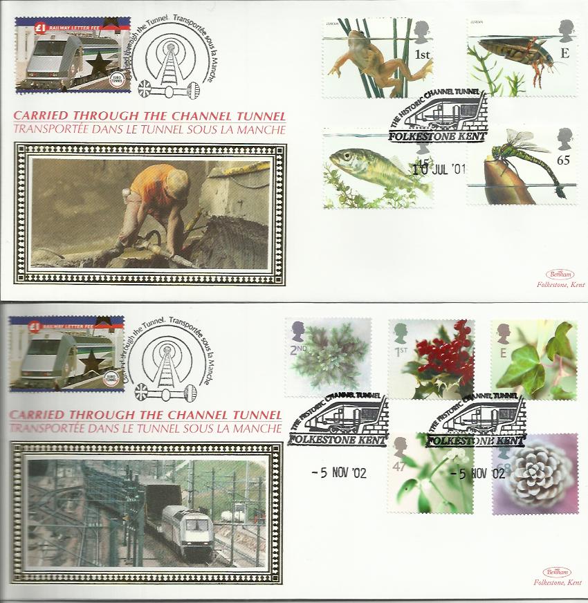 Benham Official Channel Tunnel FDCs. 20+ covers including 2001 Pond life Benham Channel Tunnel