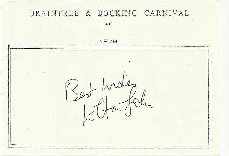 Elton John signed A6, half A4 size white sheet with Braintree & Bocking Carnival 1979 printed to top
