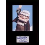 Up Ed Asner. Signature mounted with picture from ‘Up.’ Professionally mounted in black to 16”x12”.