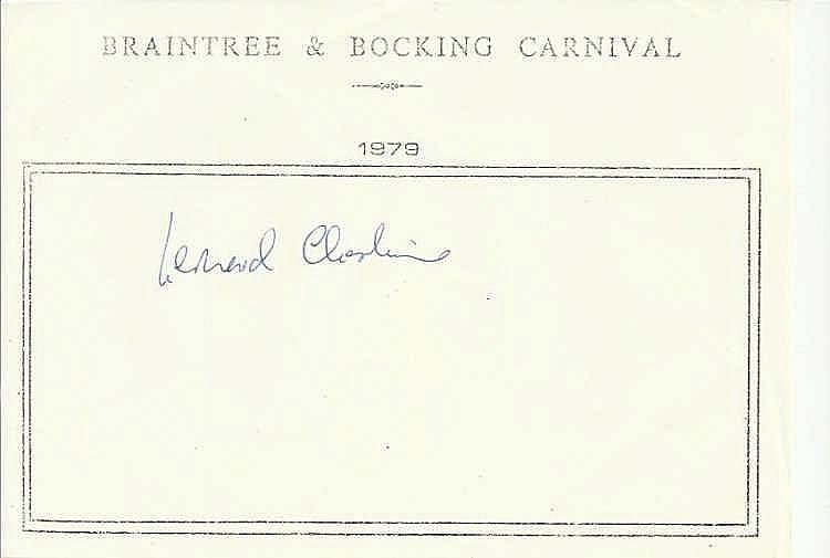 Leonard Cheshire VC signed A6, half A4 size white sheet with Braintree & Bocking Carnival 1979