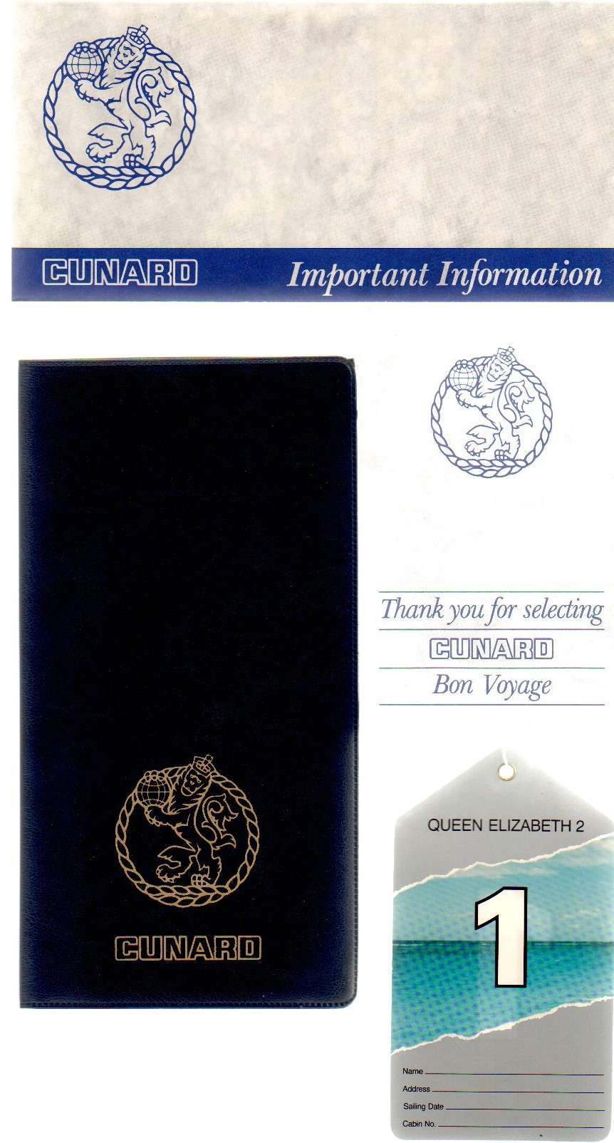 Cunard QE2 Memorabilia Collection. Folder containing QE2 memorabilia including schedules, stationary