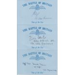 Battle of Britain signed cards. Fourteen blue cards with RAF logo printed on them. Includes Flt Lt H