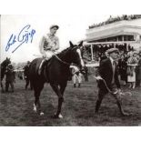 Lester Piggott: 8x10 inch photo signed by Lester Piggott, pictured on Never Say Die after winning