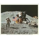 Jim Irwin signed 10 x 8 colour photo of the Apollo 15 Moonwalker on the moon saluting the US Flag.