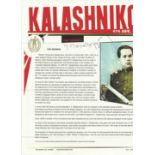 Mikhail Kalashnikov autographed page 2. Incredibly rare colour A4 printed biography titled