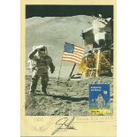 Jim Irwin signed 6 x 4 colour postcard of him on the moon. Good condition