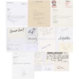 Selection of Autographs. A signed selection of 18 white cards, letters and compliment slips signed