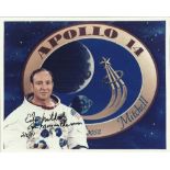 Dr Ed Mitchell signed 10 x 8 colour photo in white Space Suit in front of the Apollo 14 Mission