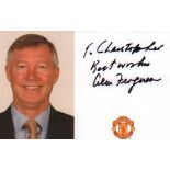 Sir Alex Ferguson signed 6 x 4 colour Man Utd photo card, to Christopher. Good condition