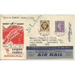 Quantas Empire Airways Ltd. Cover with two signatures including the pilot. London to Sydney first