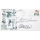 Apollo 14 Alan Shepard, Stu Roosa and Dr Edgar Mitchell Signed 31 Jan 1971 Apollo FDC US 6c stamp