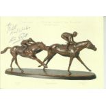 Lester Piggott signed to front of his own Greetings card to Bill. Good condition