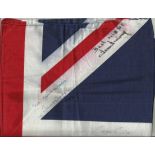 Matt Busby, Tim Rice, George Cole, and Tom Finney signed British Flag, slight leakage to Finney