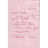 Stephanie Powers handwritten note with original mailing envelope in her hand, this is inscribed Hart