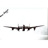 617 Squadron - 8x12 inch photo of a Lancaster bomber in flight signed by Squadron Leader Lawrence '