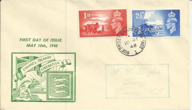1948 Channel Islands Liberation first day cover with 1d and 2.5d Guernsey stamps and Guernsey