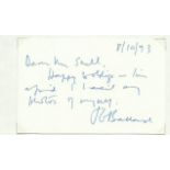 James Graham Ballard fiction writer Empire of the Sun handwritten signed white card. Good condition