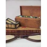 Pair of vintage 'Ping-pong' bats, a box of marbles, folding leather games board/box, and small