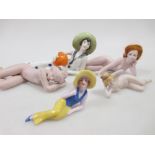 Three reclining nudes and two ladies reclining clothed, the largest 13cm wide