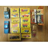 Various diecast: Matchbox series Mercedes truck and trailer, Honda motorcycle and trailer, Ford