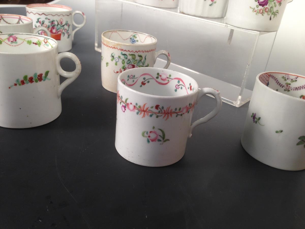 Six New Hall coffee cans, two by Keeling and two others, each painted with chinoiserie flowers, - Image 3 of 3