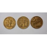 Two Victorian gold half sovereigns, 1874 & 1877, and an Edward VII gold half sovereign, 1902 (3)