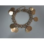 A 9ct gold fancy link bracelet suspending fourteen name discs, each 1.6cm disc engraved with a