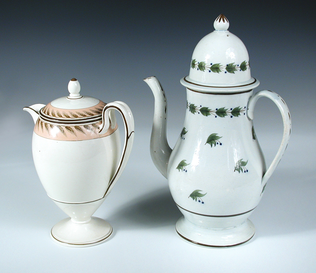 An early 19th century Wedgwood creamware coffee pot and cover together with another in pearlware,
