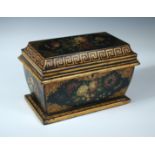 An early Victorian tole peinte work box, the exterior of the sarcophagus shaped painted and gilt