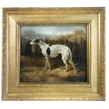 English School (19th Century) Study of a black and white greyhound in a landscape oil on panel 26