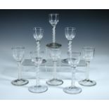A set of eight 18th century opaque twist glasses, the slightly tapering cylindrical bowls on