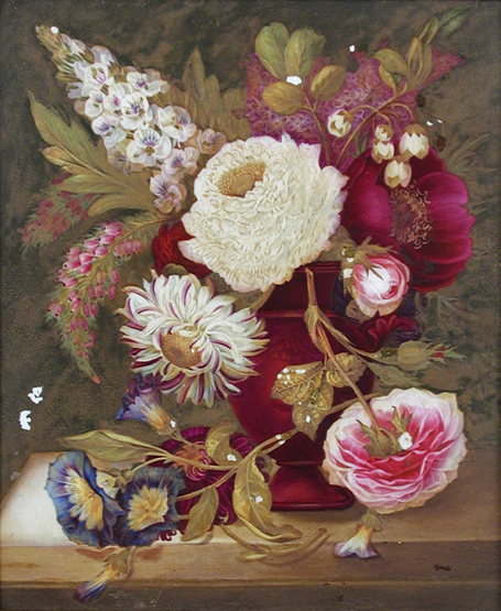 A mid Victorian panel painted with a red vase on a ledge containing morning glory, roses, delphinium