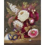 A mid Victorian panel painted with a red vase on a ledge containing morning glory, roses, delphinium