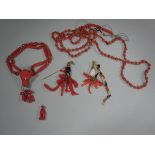 A collection of antique mainly carved coral jewellery, to include a bracelet with twin rows of