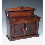 A 19th century miniature mahogany chiffonier, the gallery back above two cupboard doors flanked by